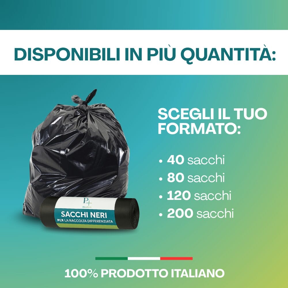 Sacchi spazzatura neri 100% italiani, in confezioni da 40 a 200 sacchi