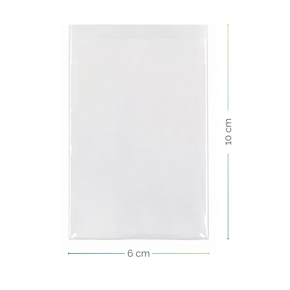 Bustina in cellophane trasparente vuota con indicazione delle misure di 6 cm di larghezza e 10 cm di altezza