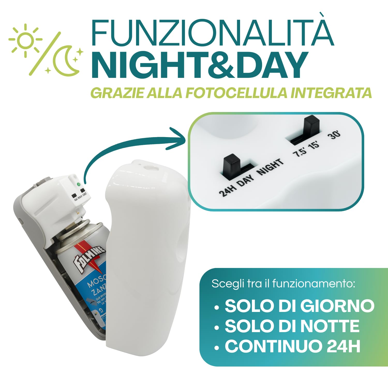 Diffusore Fulmine con funzione Night&Day e fotocellula per utilizzo 24h, giorno o notte