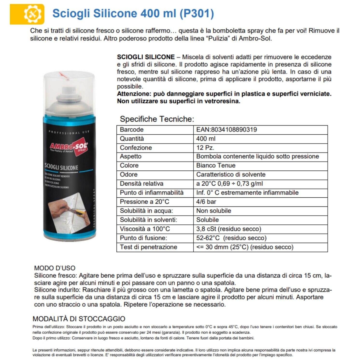 Scheda tecnica spray sciogli silicone Ambro-Sol 400 ml con specifiche d’uso