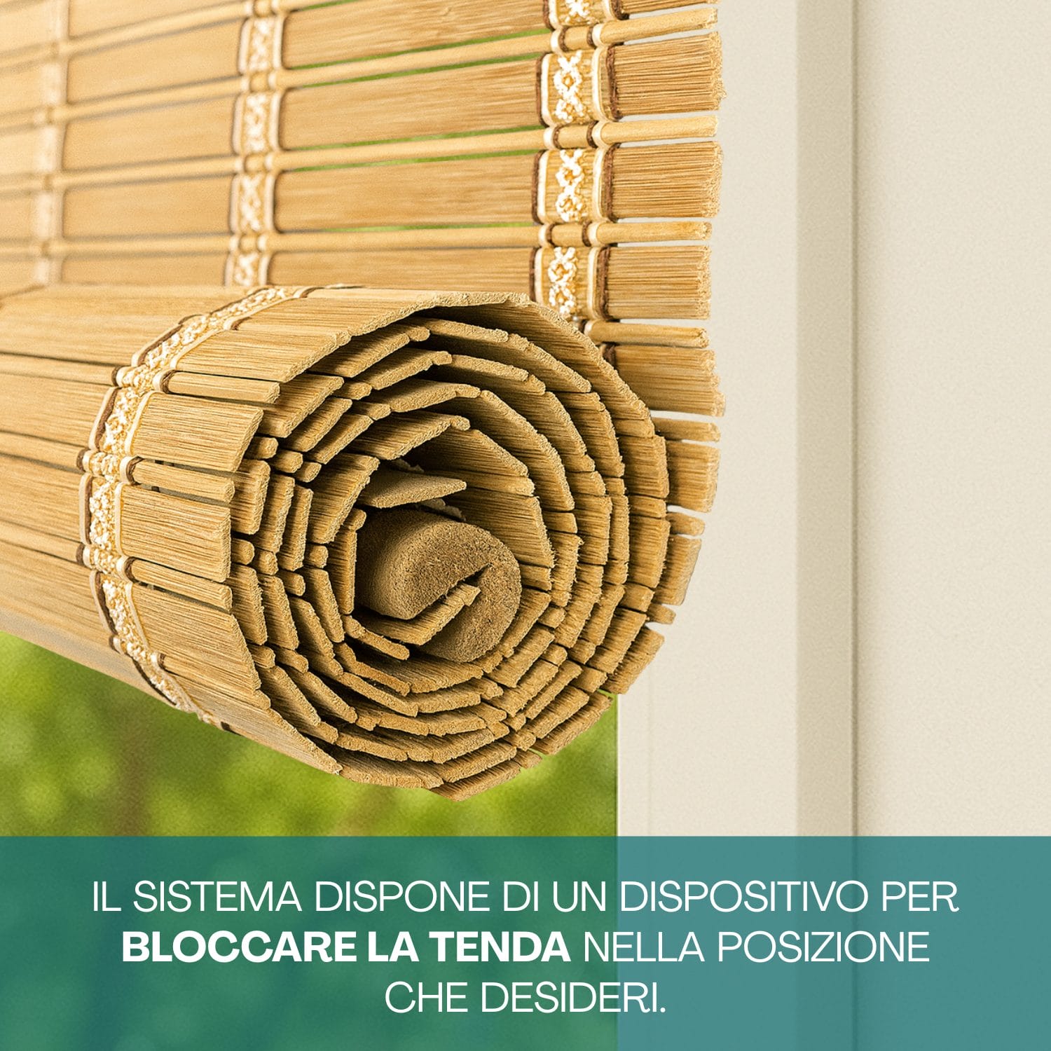 Tenda-bamboo-caratteristiche Dettaglio tenda bamboo arrotolata con sistema blocco regolabile in altezza