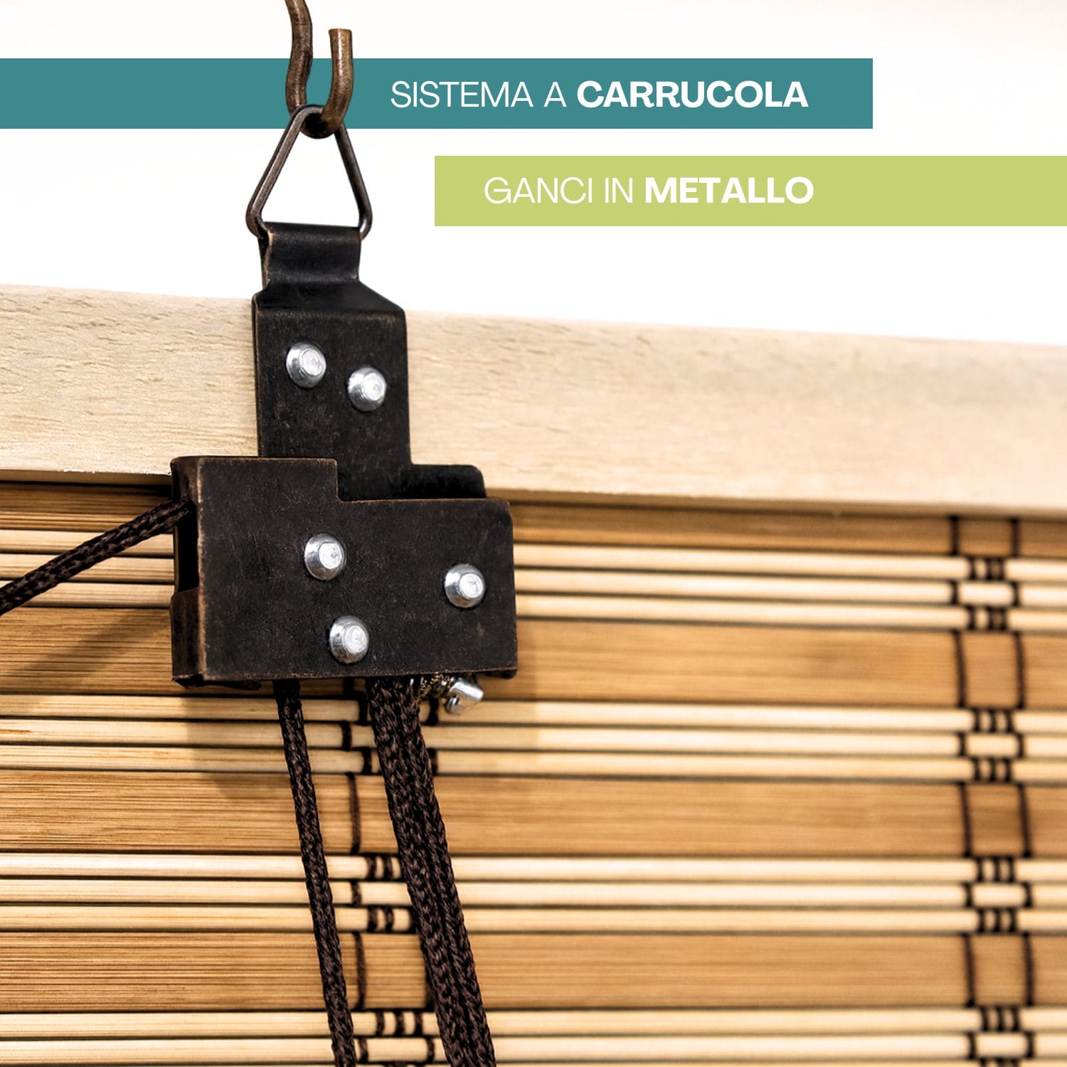 Tenda-bamboo-carrucola Sistema a carrucola con ganci metallici per tenda avvolgibile in bambù