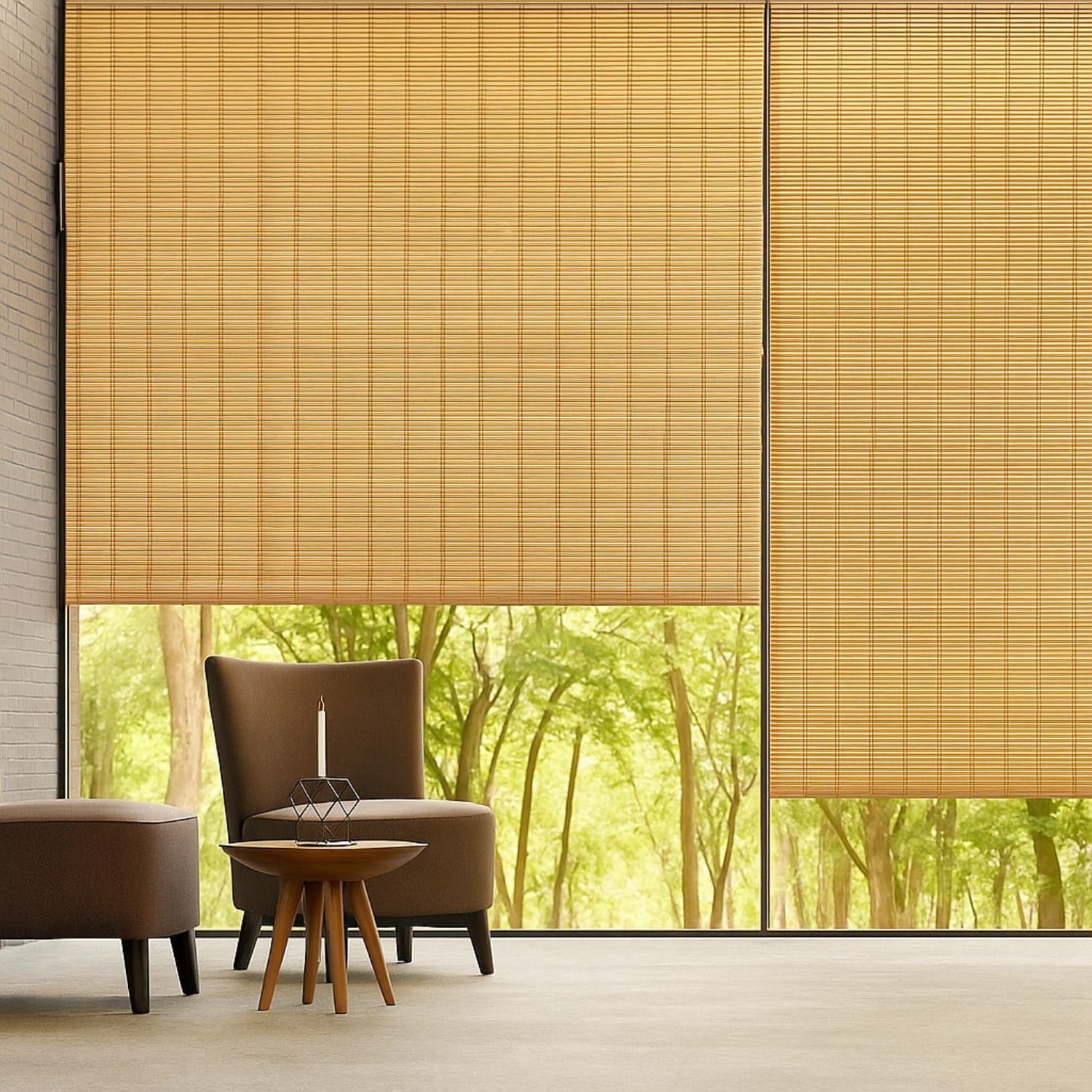 Tenda-bamboo-coreografica Tende bamboo naturali per interni su grandi finestre con vista esterna