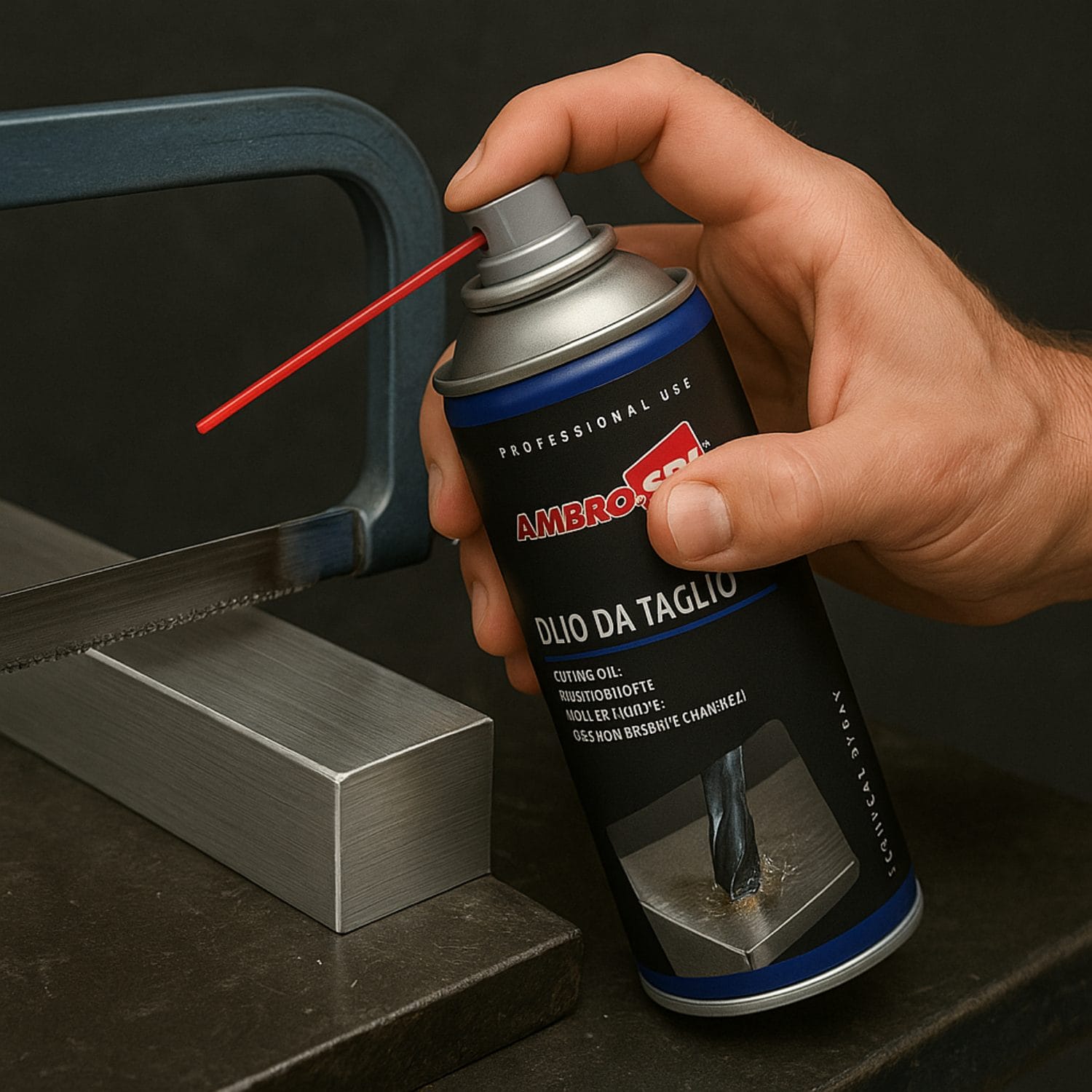 Olio da taglio Ambro-Sol applicato su lame e metalli per ridurre usura e attrito