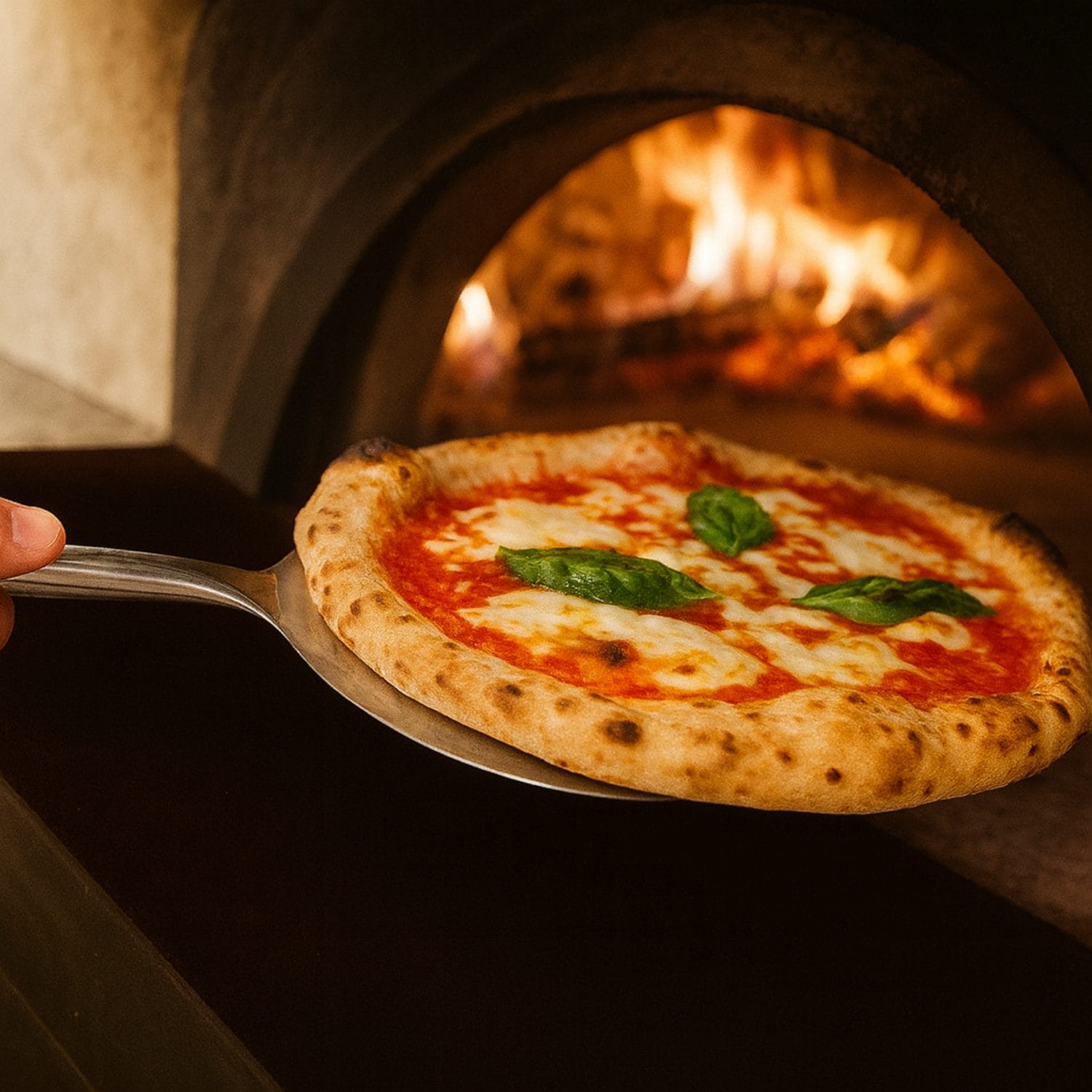 Pala pizza in acciaio inox che estrae una pizza dal forno a legna