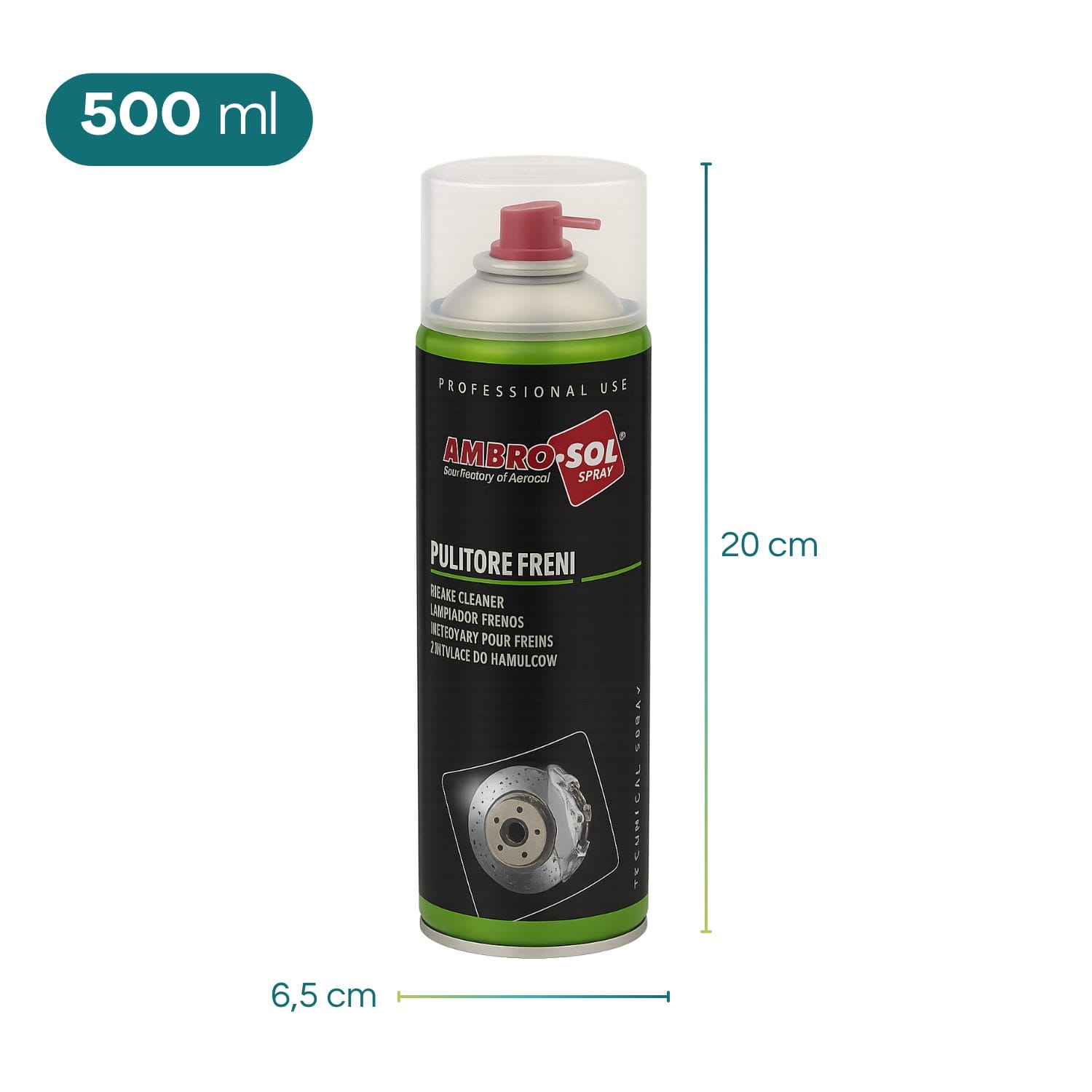Pulitore freni Ambro-Sol 500 ml con misure 20 cm x 6,5 cm