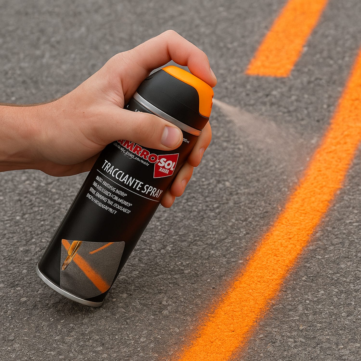 Spray tracciante arancione su asfalto per linee visibili e precise in ambito professionale
