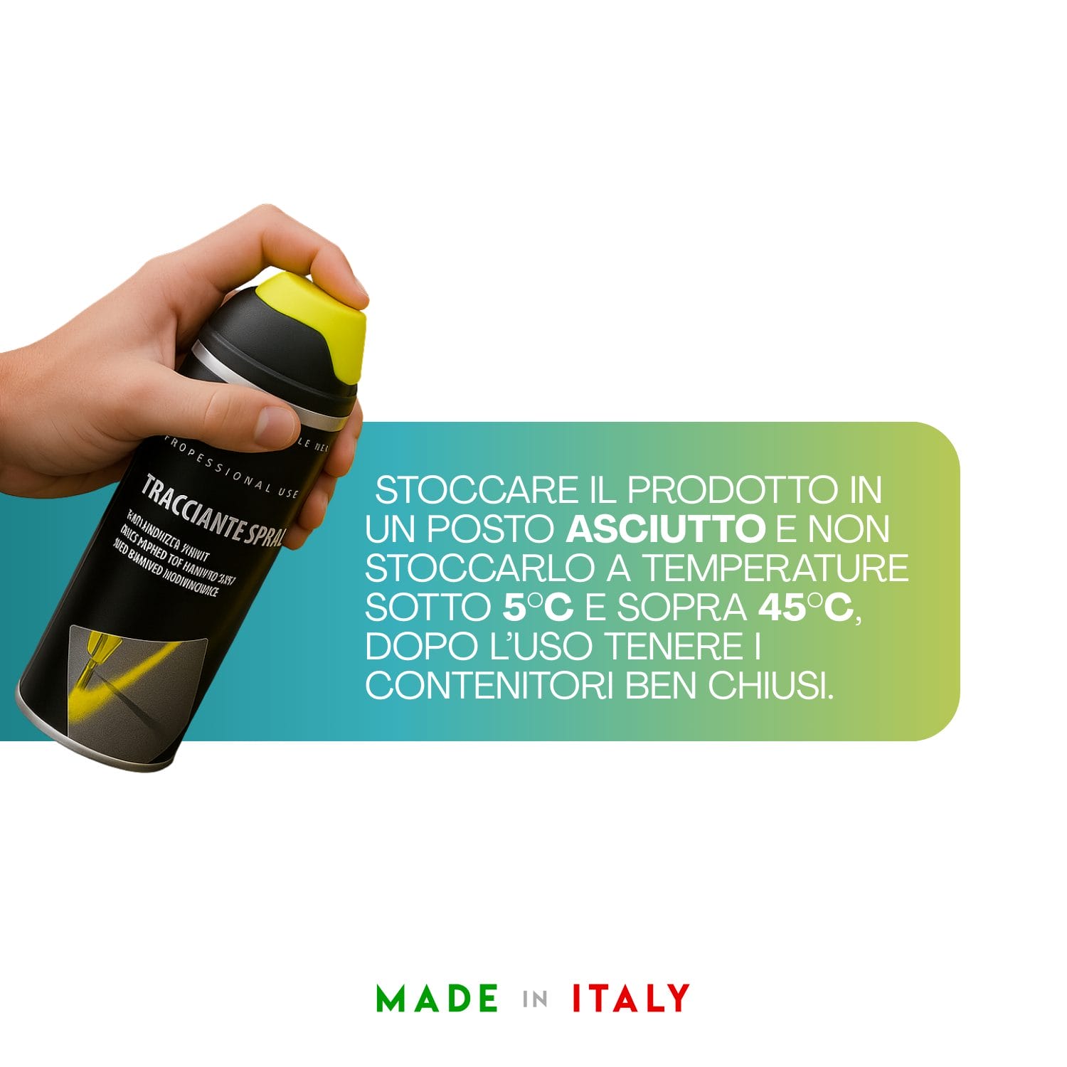 Spray tracciante giallo con istruzioni di stoccaggio e uso Made in Italy