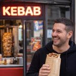 Kebab da asporto avvolto in sacchetto antigrasso davanti a kebabberia