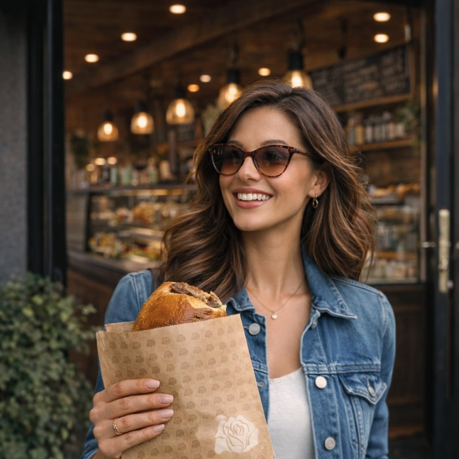 Donna con brioche da asporto in sacchetto antigrasso in carta oleane mani pulite