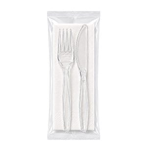 Bis posate monouso imbustate in plastica trasparente