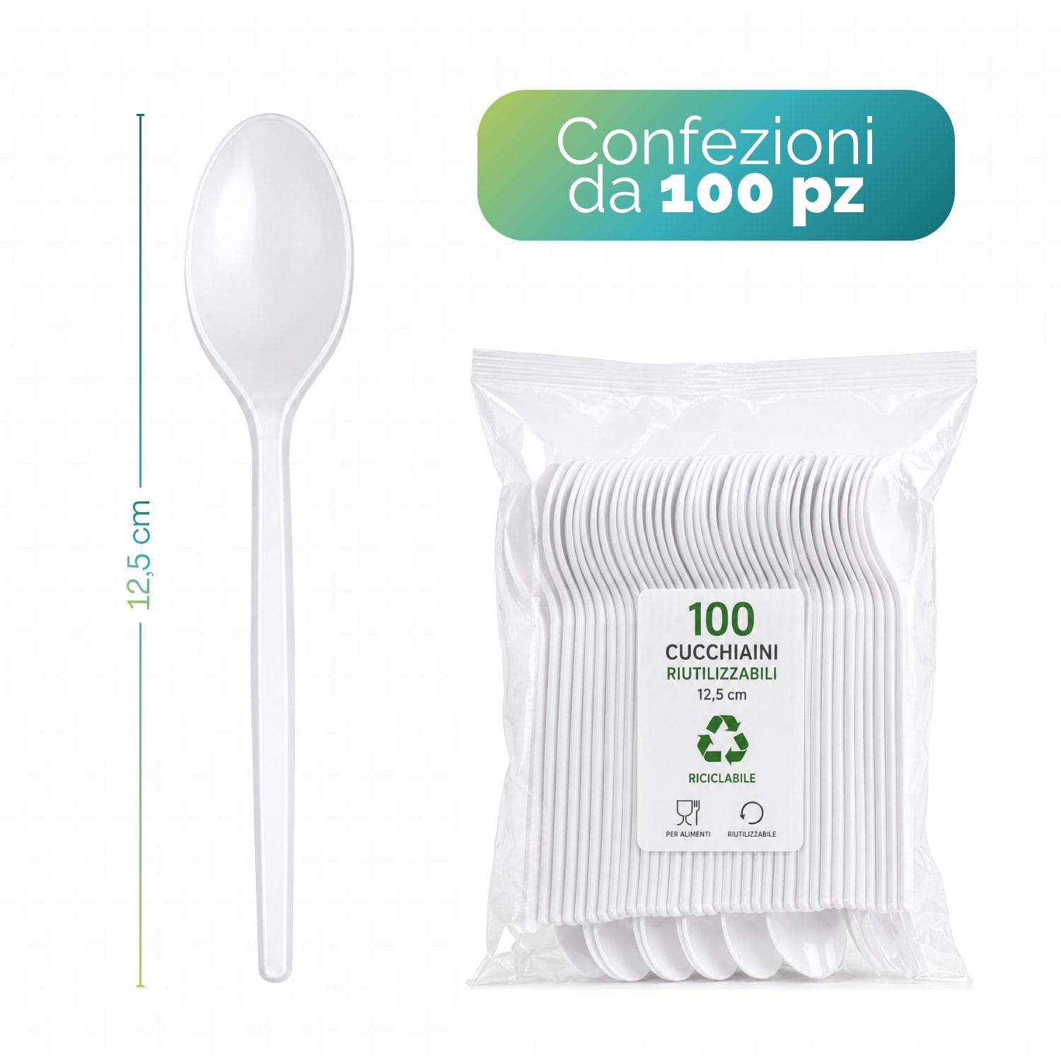 Confezione da 100 cucchiaini monouso riutilizzabili da 12,5 cm