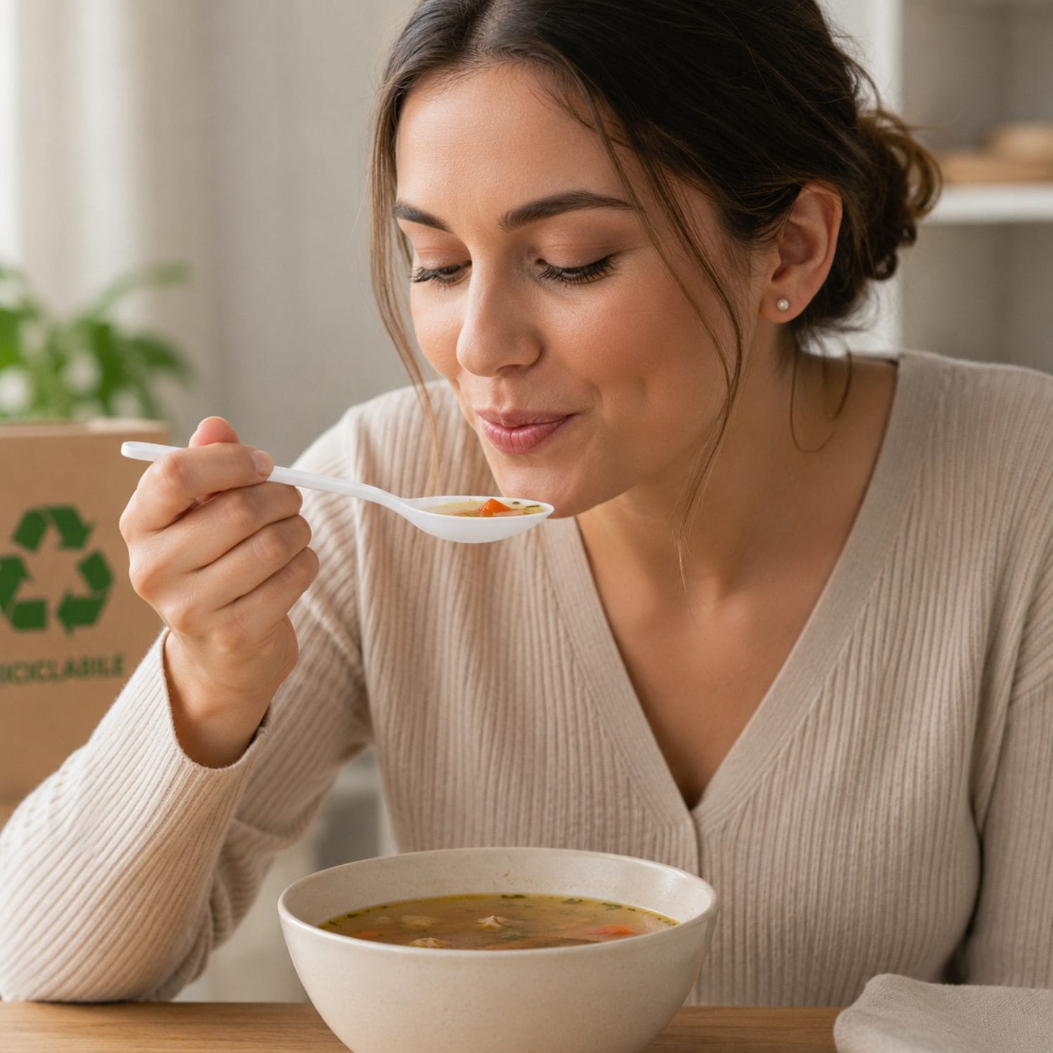 Cucchiaio monouso bianco riutilizzabile per zuppe e alimenti caldi