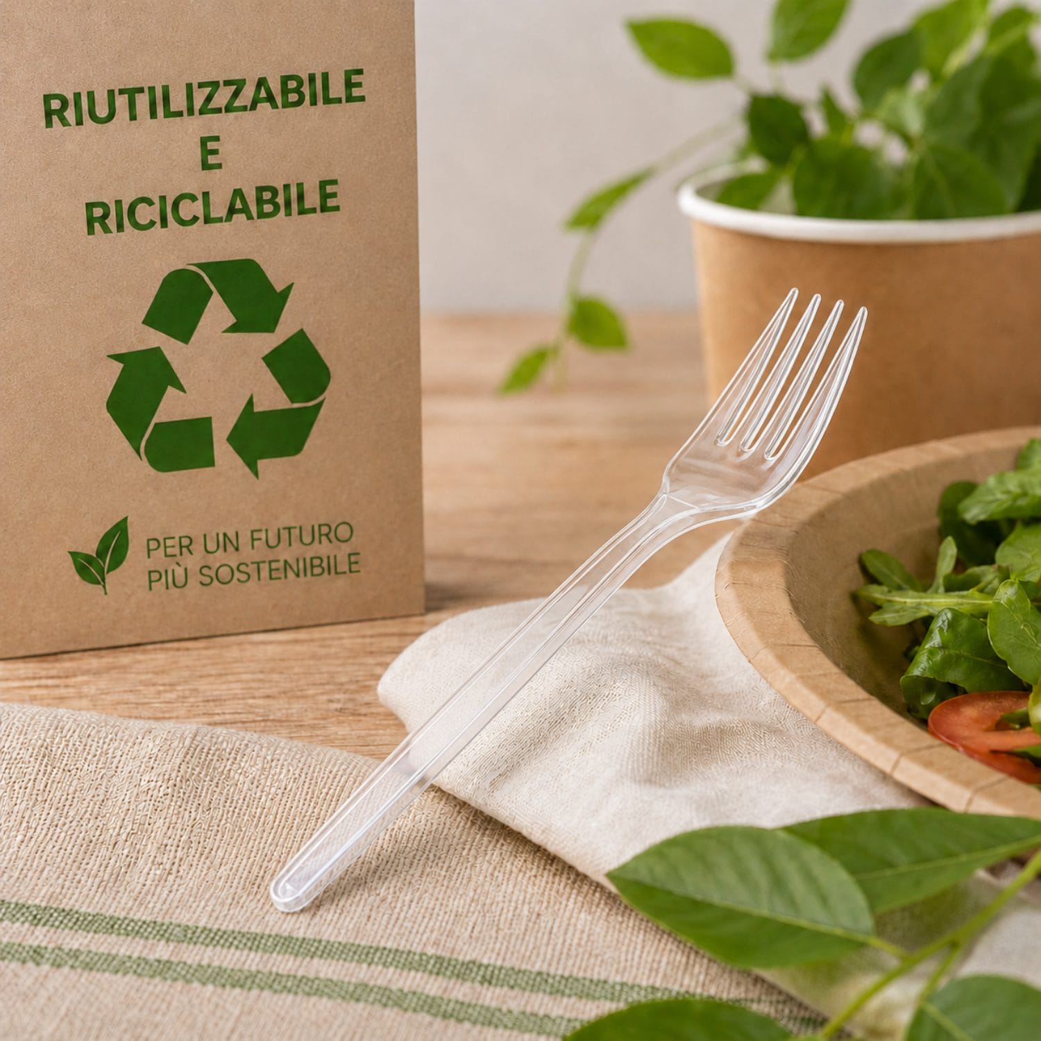 Forchetta monouso trasparente riutilizzabile e riciclabile per alimenti