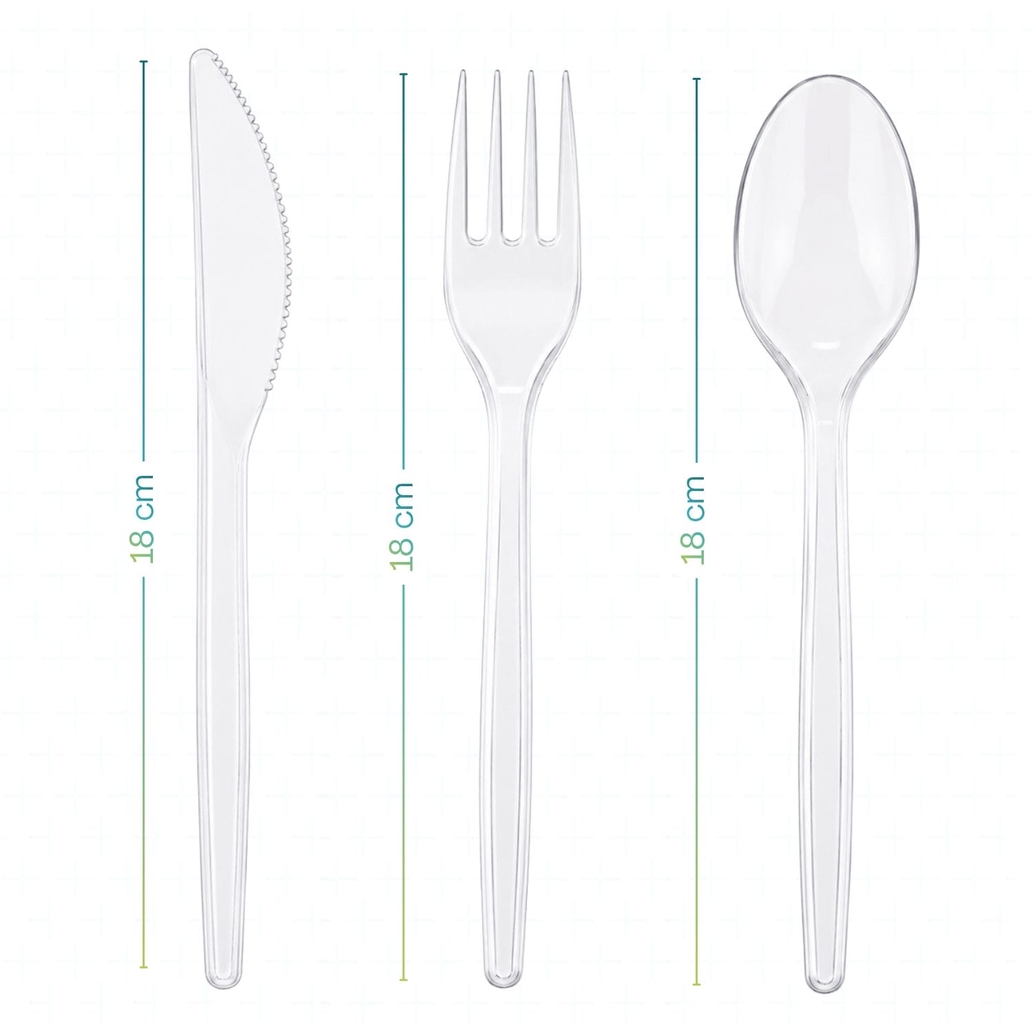 Posate trasparenti da 18 cm con coltello forchetta e cucchiaio