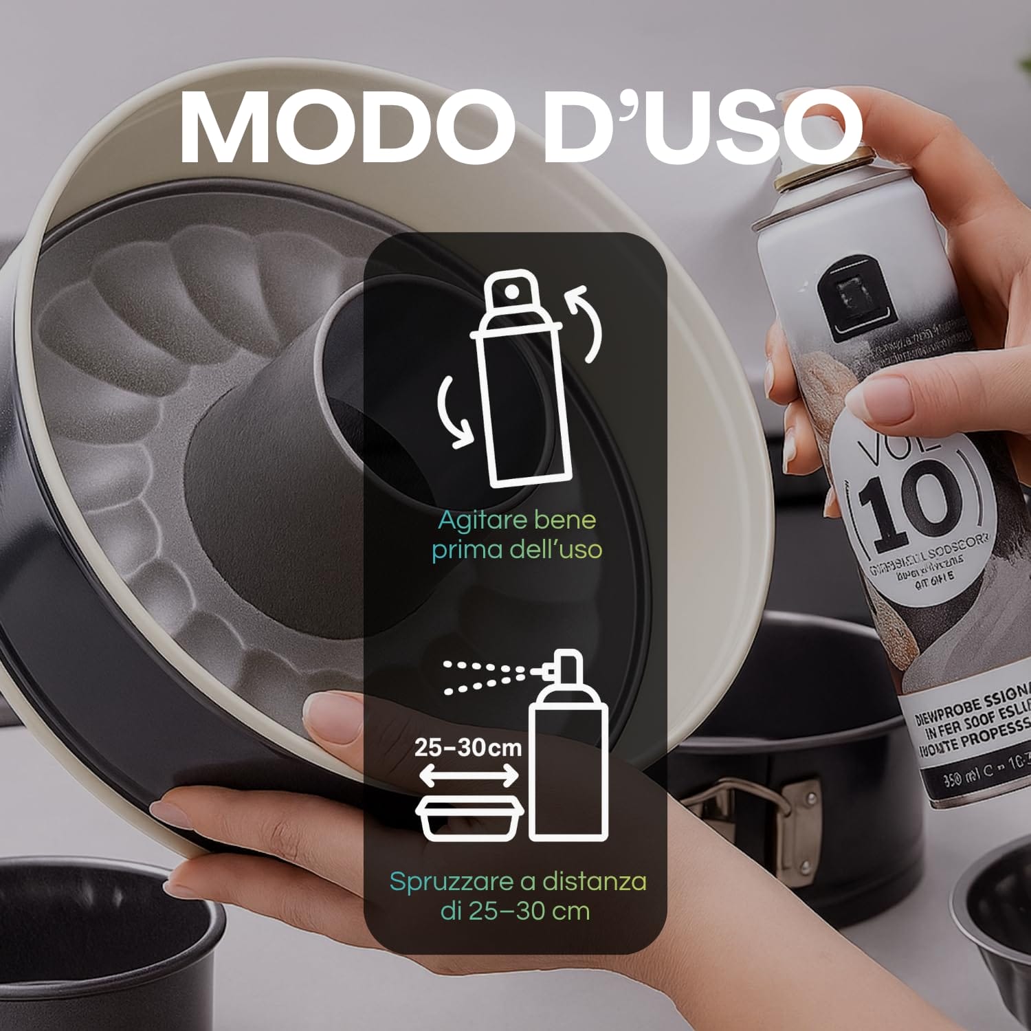 Spray staccante alimentare 500 ml per teglie – agitare bene e spruzzare da 25–30 cm di distanza