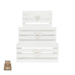 Set di 3 cassette portaoggetti in legno bianco con design a listelli e decorazione cuore, ideali per organizzare la casa