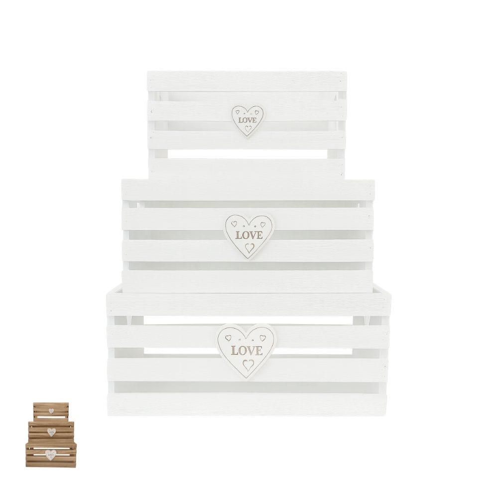 Set di 3 cassette portaoggetti in legno bianco con design a listelli e decorazione cuore, ideali per organizzare la casa