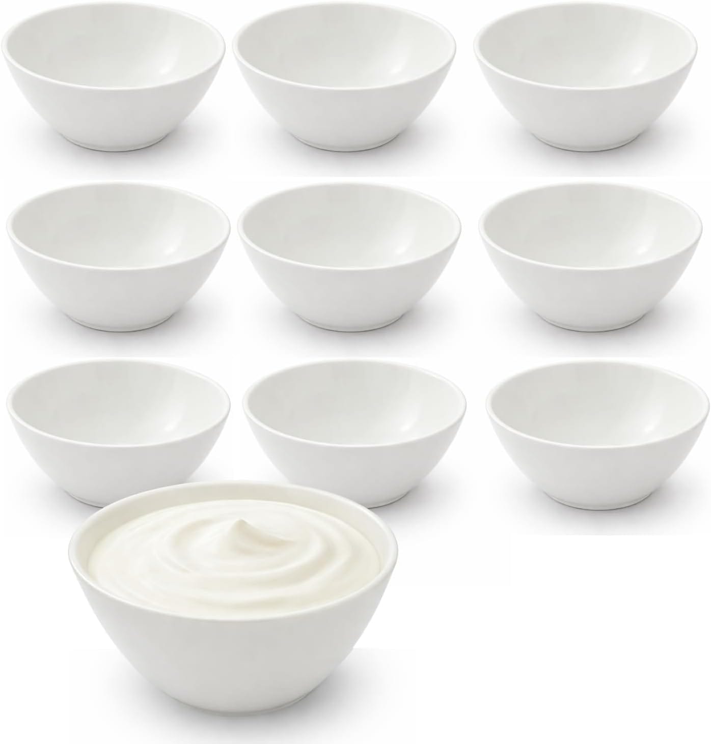 set 10 ciotole bianche per yogurt con esempio di servizio in ciotola riempita