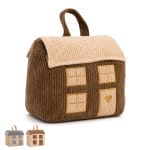 Fermaporta a forma di casa marrone e beige in velluto per porte e arredamento interno