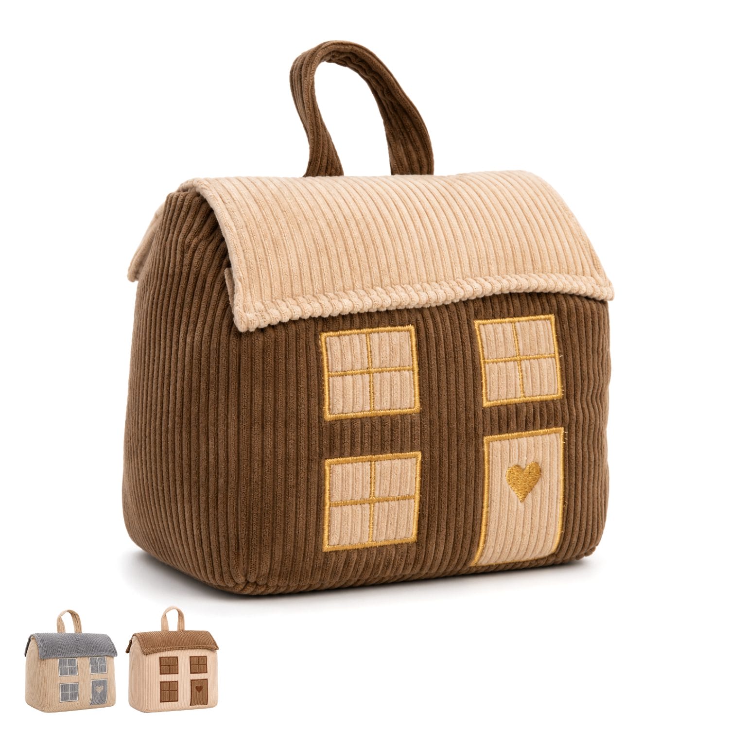 Fermaporta a forma di casa marrone e beige in velluto per porte e arredamento interno