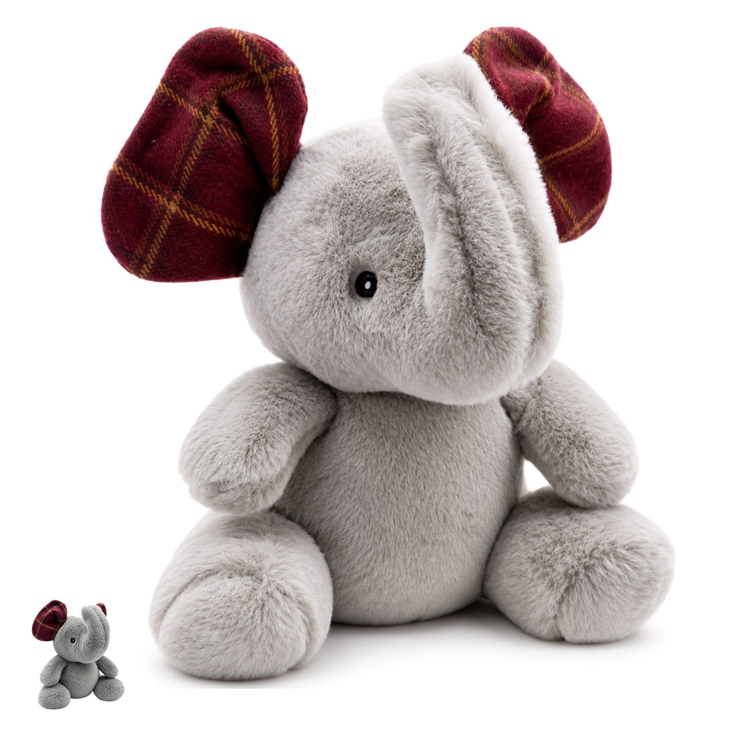 Fermaporta Elefante Grigio Chiaro Fermaporta elefante grigio chiaro da pavimento in morbido peluche con dettagli tartan
