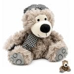 Fermaporta orso in peluche beige da pavimento con cappello e sciarpa decorativi per interni
