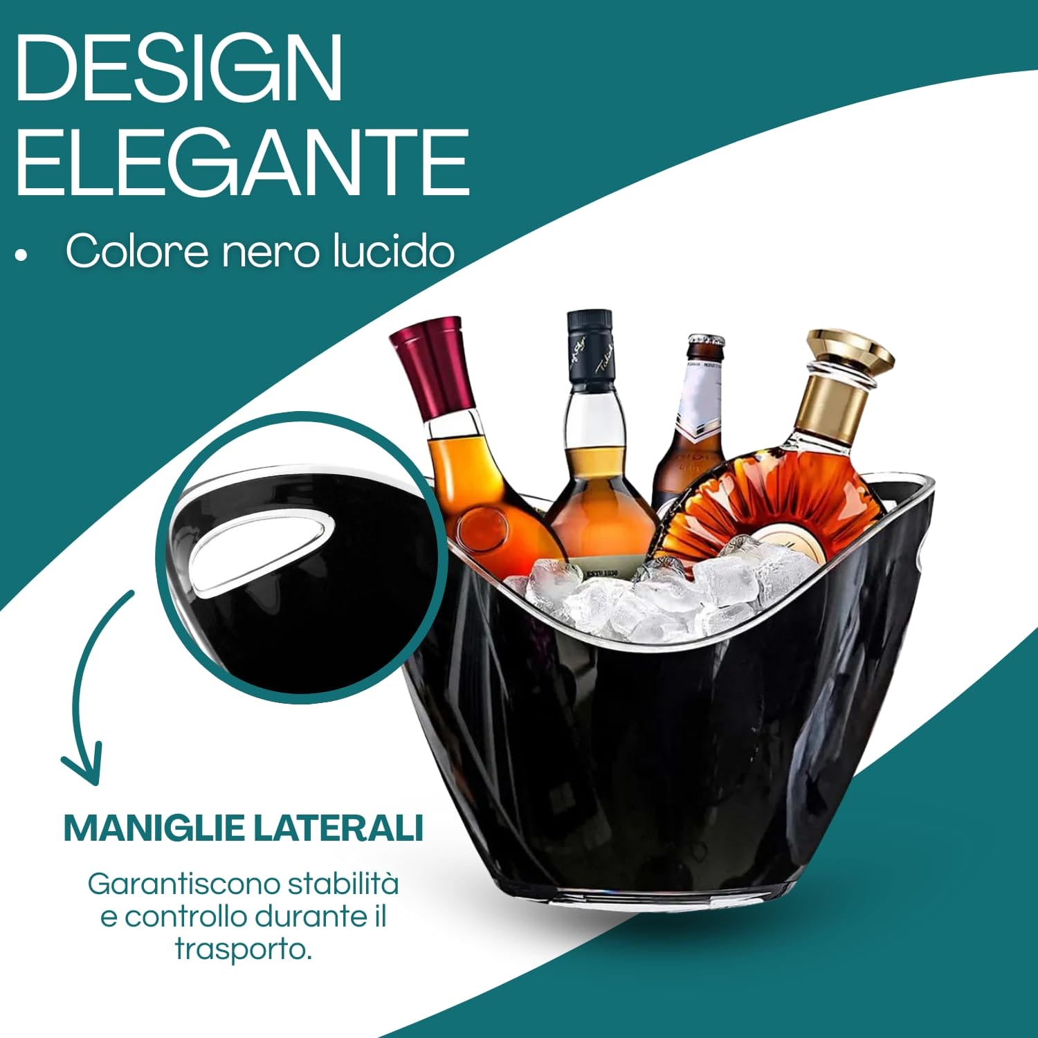 Secchiello portaghiaccio nero con maniglie laterali e design elegante