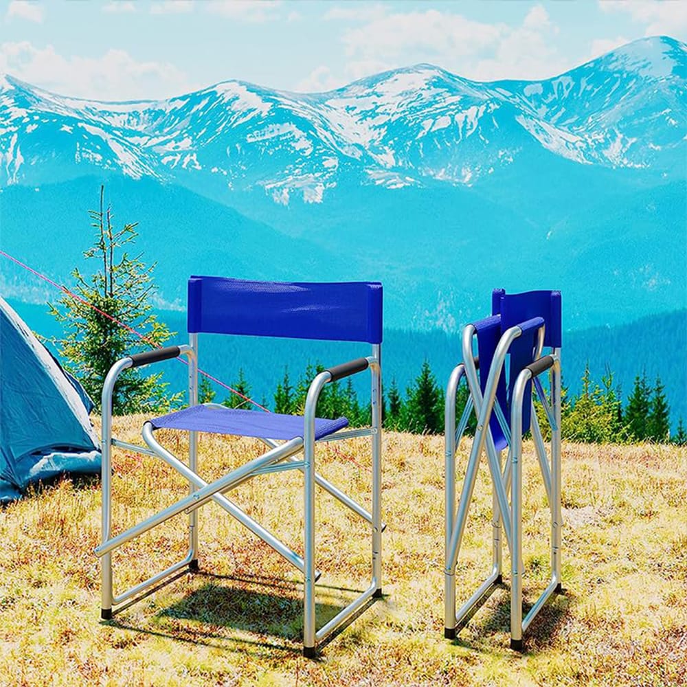 Sedia da regista pieghevole blu in alluminio per campeggio, mare e giardino
