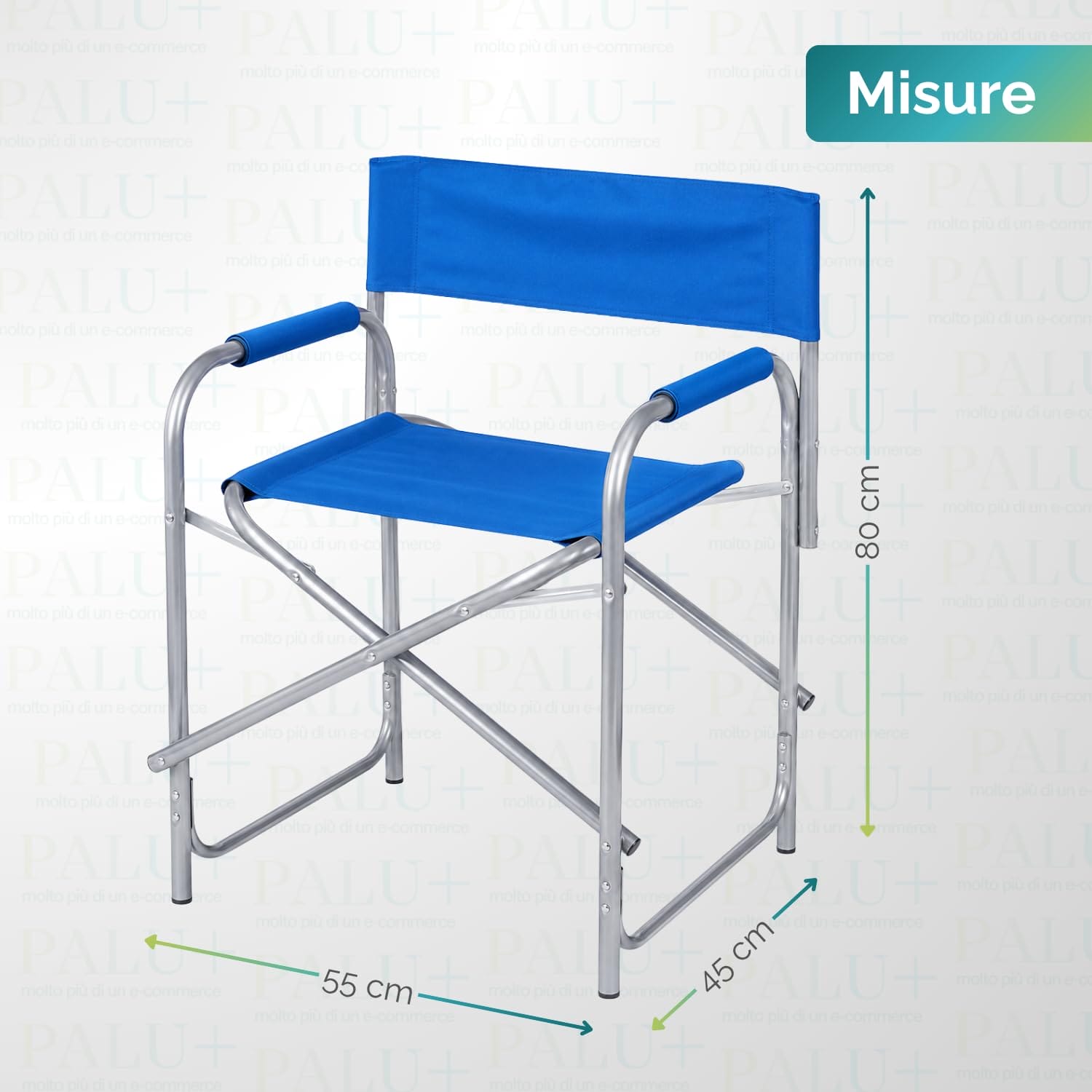 Sedia da regista blu pieghevole in alluminio con dimensioni 55x45x80 cm, compatta e pratica per esterni