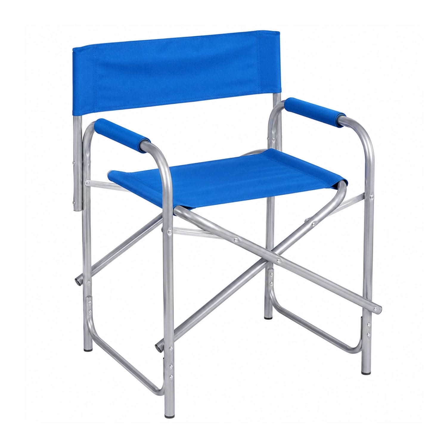 Sedia da regista blu con struttura in alluminio e braccioli imbottiti, richiudibile per uso outdoor