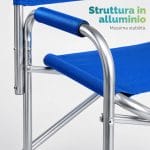 Dettaglio della struttura in alluminio della sedia da regista blu con tela tesa e bracciolo imbottito