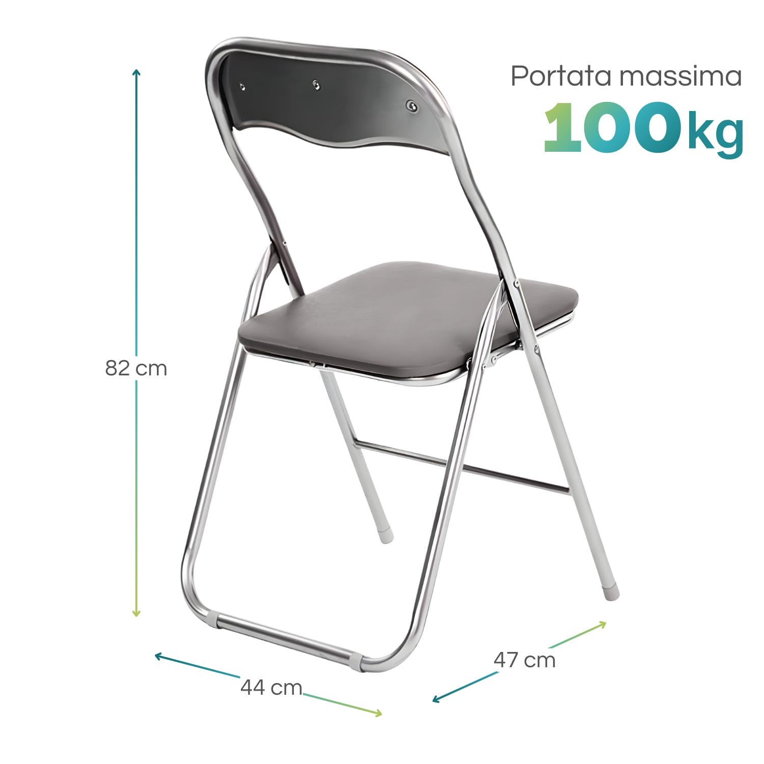 Sedia pieghevole grigia con misure 82x47x44 cm e portata massima 100 kg