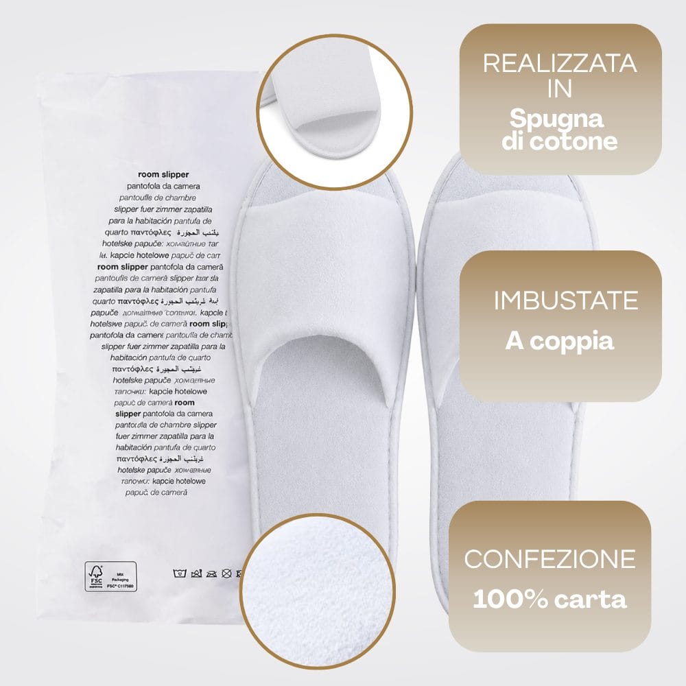 Ciabatte monouso in cotone per hotel e strutture ricettive Ciabatte monouso bianche in spugna di cotone imbustate a coppia in confezione di carta