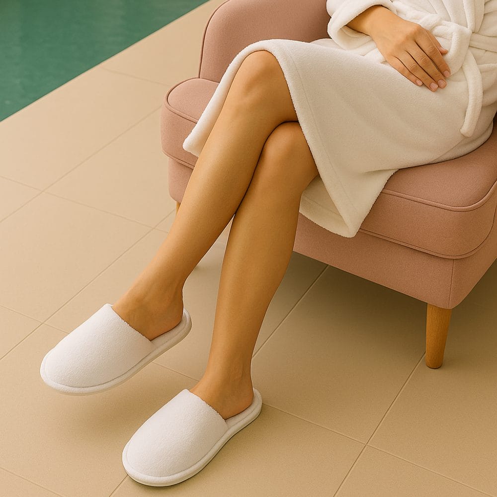 Persona con accappatoio che indossa ciabatte monouso chiuse bianche in spugna di cotone in area relax SPA