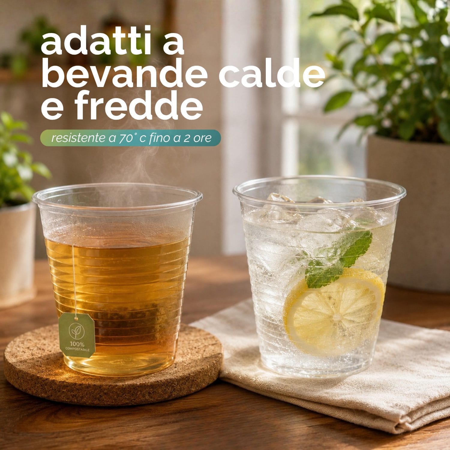 Bicchieri compostabili trasparenti da 200 ml per bevande calde e fredde