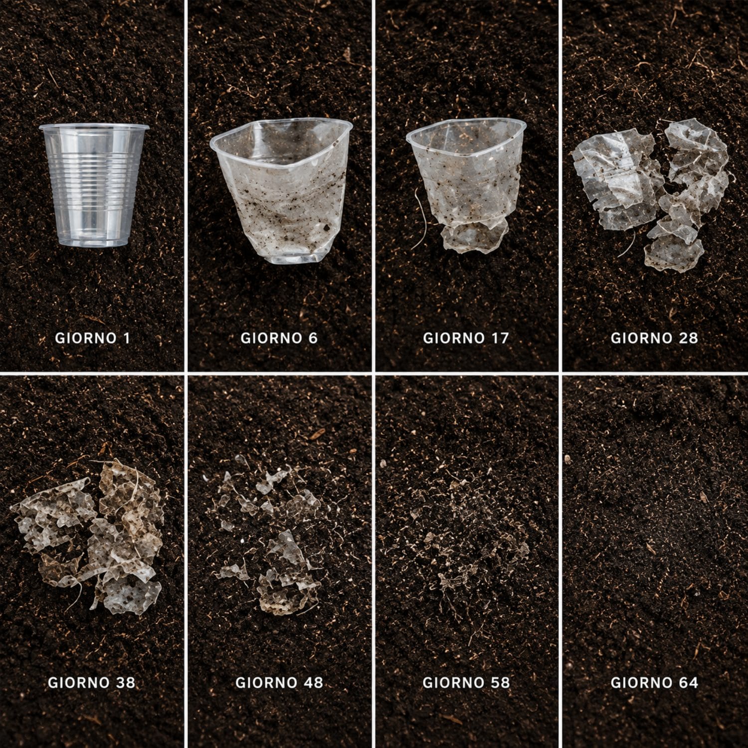 Processo di biodegradazione di bicchiere compostabile trasparente nel compost