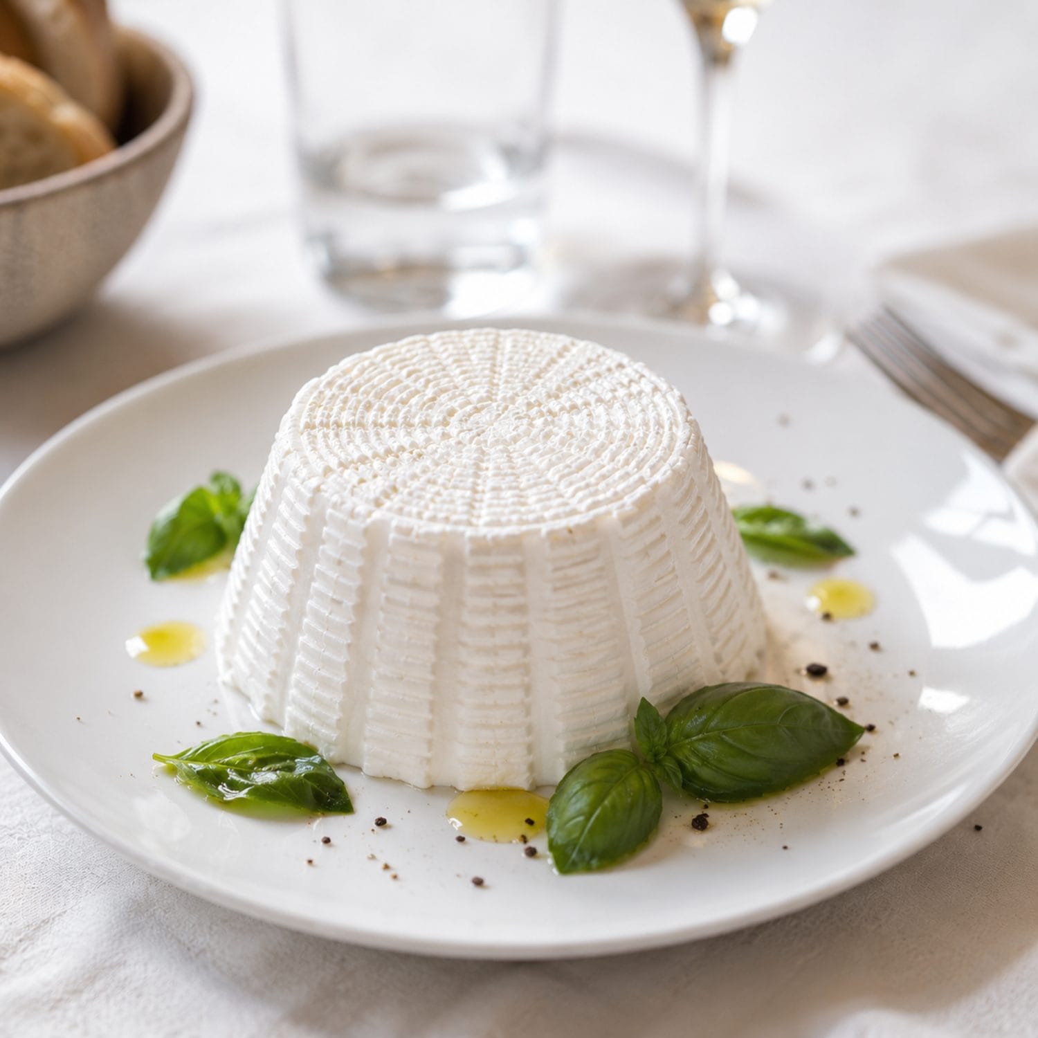 Ricotta fresca artigianale servita con basilico e olio extravergine