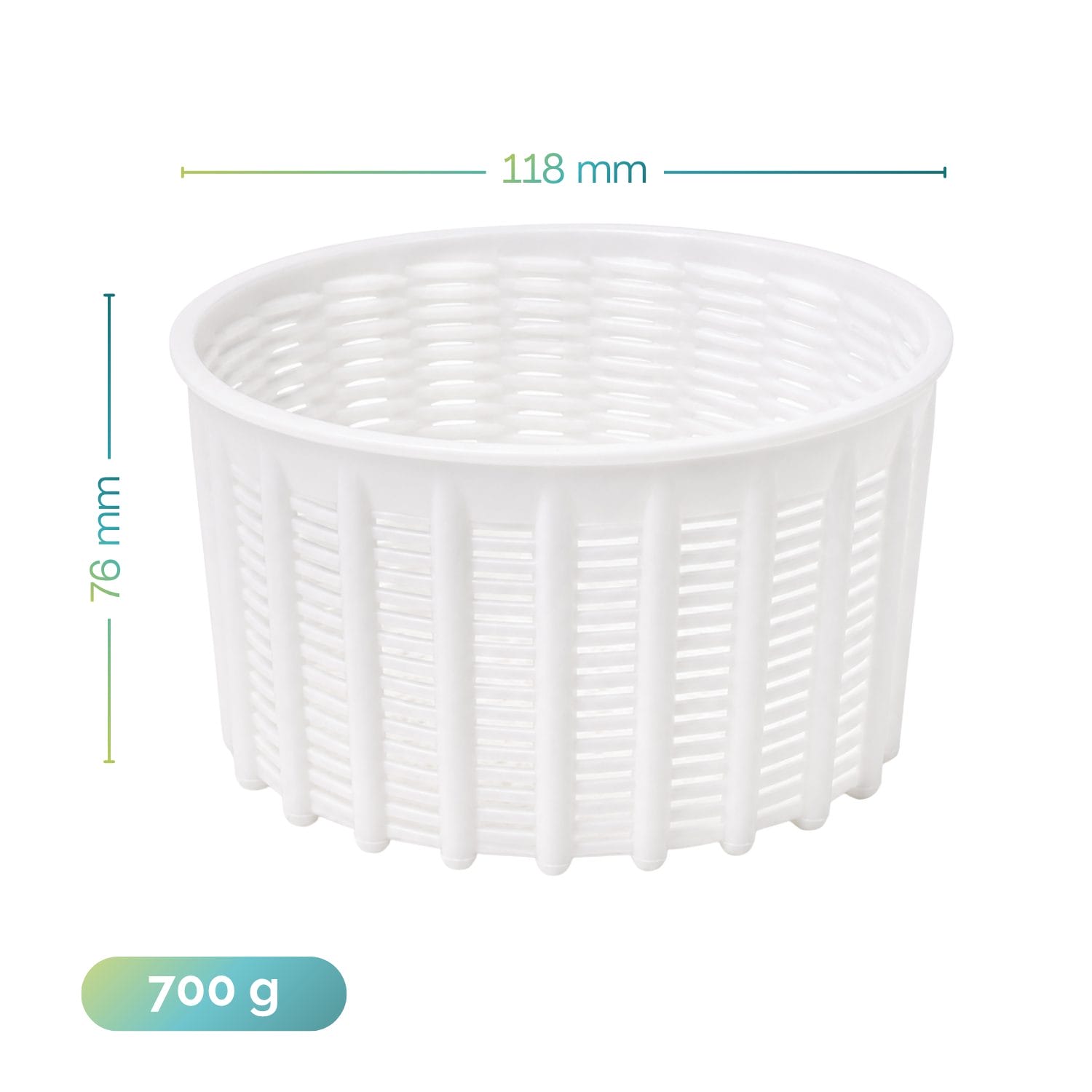 Fuscella rotonda da 700 g per formaggi freschi misura 118x76 mm