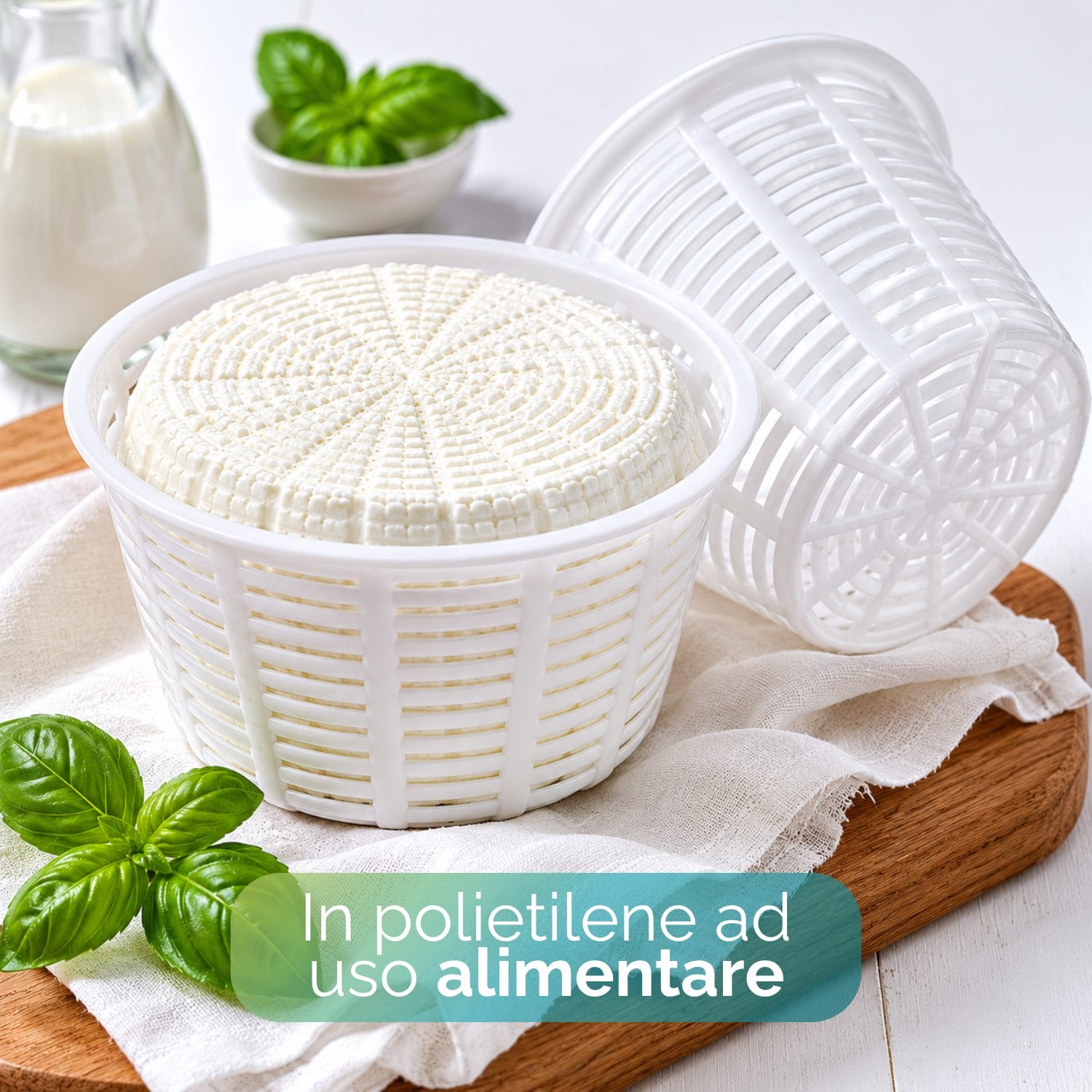 Contenitore drenante per ricotta fresca e primo sale in plastica alimentare