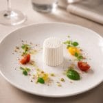 Ricottina monoporzione artigianale servita con pomodorini e basilico