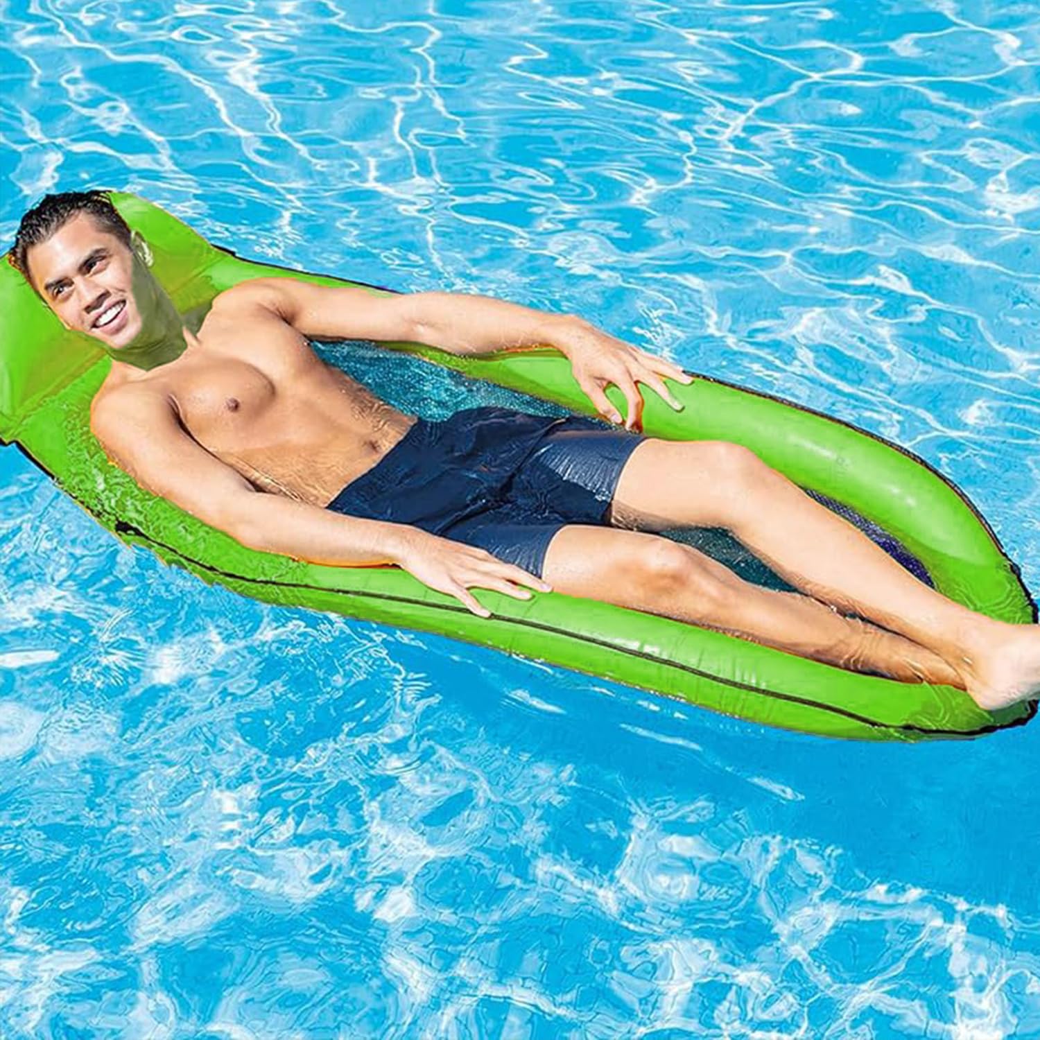 Materassino ad amaca gonfiabile 178x94 cm in rete di nylon e tessuto, con bordo ad anello e poggiatesta integrato