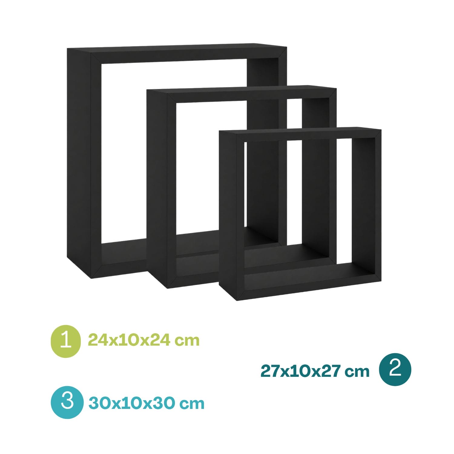 Misure Mensole Quadrate Nero Set mensole quadrate MDF nero in tre dimensioni per arredamento da parete