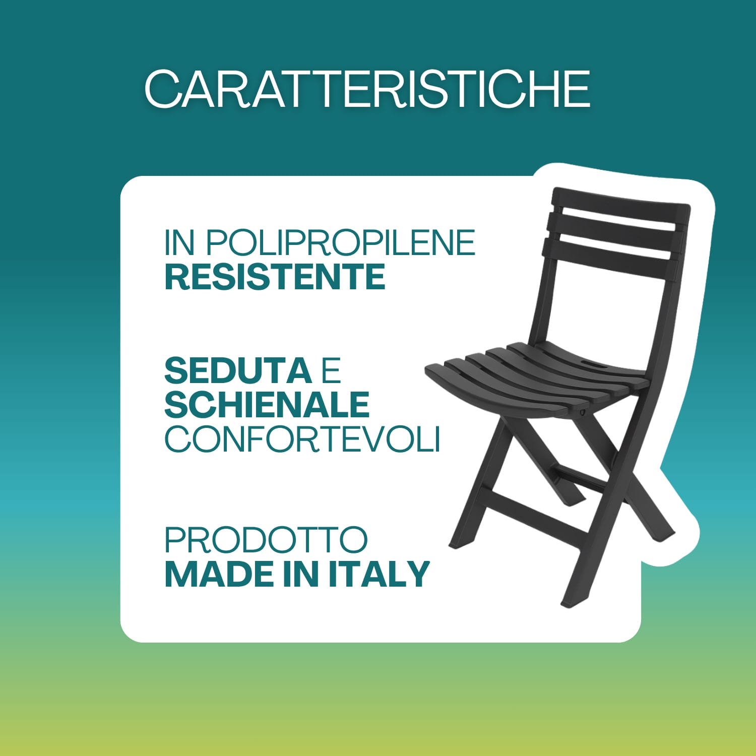 Sedia pieghevole in polipropilene resistente con seduta comoda e design Made in Italy