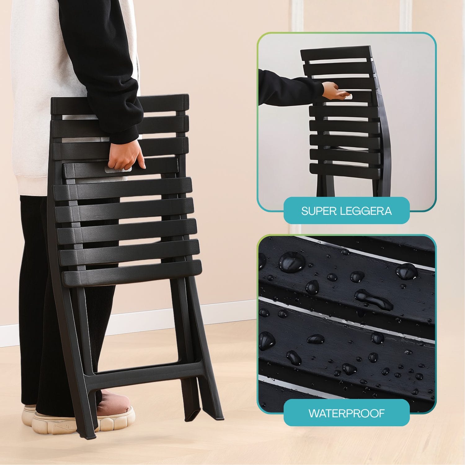 Sedia pieghevole leggera e impermeabile con struttura in polipropilene resistente