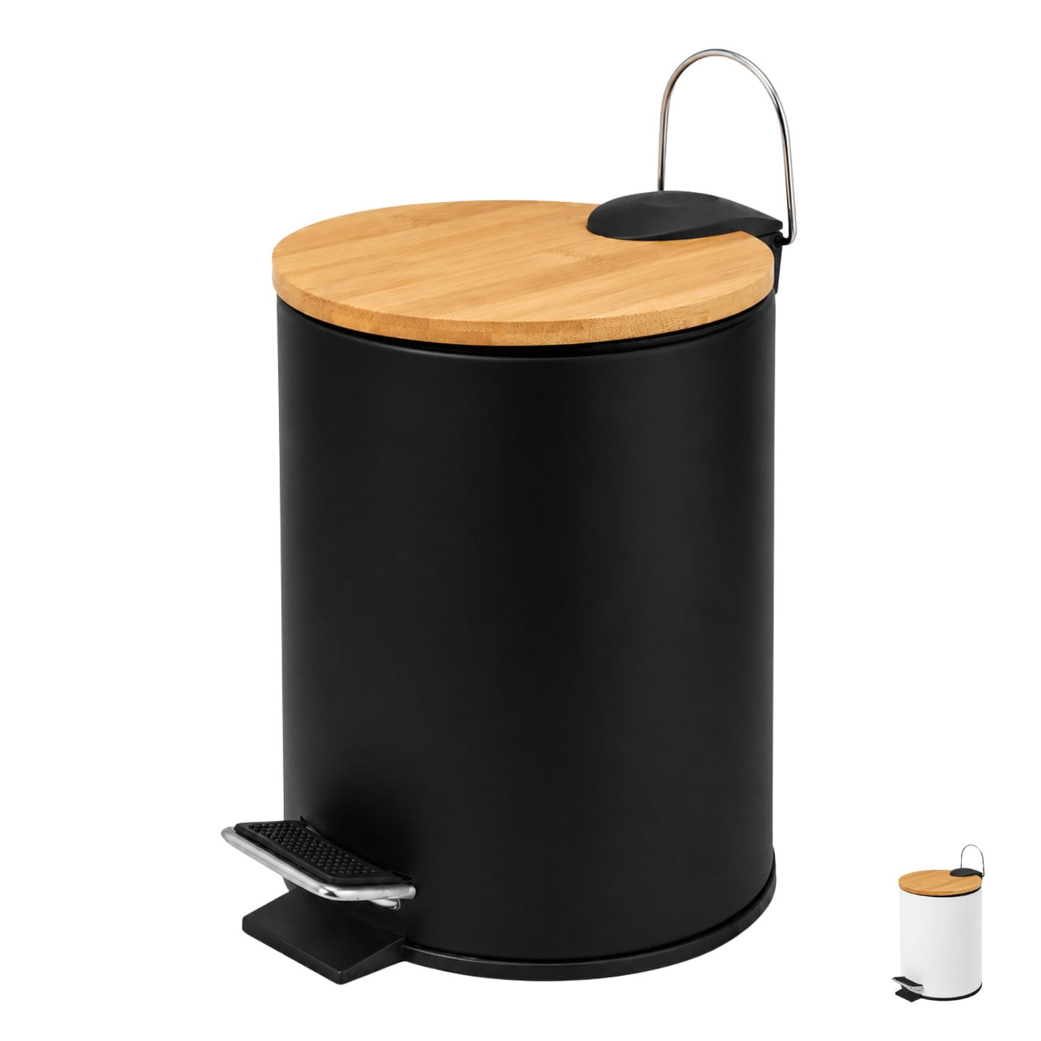 Cestino da bagno 3 litri nero con pedale e coperchio effetto bambù dal design moderno