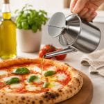 Oliera in acciaio inox 500 ml per condimenti Oliera in acciaio inox 500 ml usata per versare olio su pizza margherita