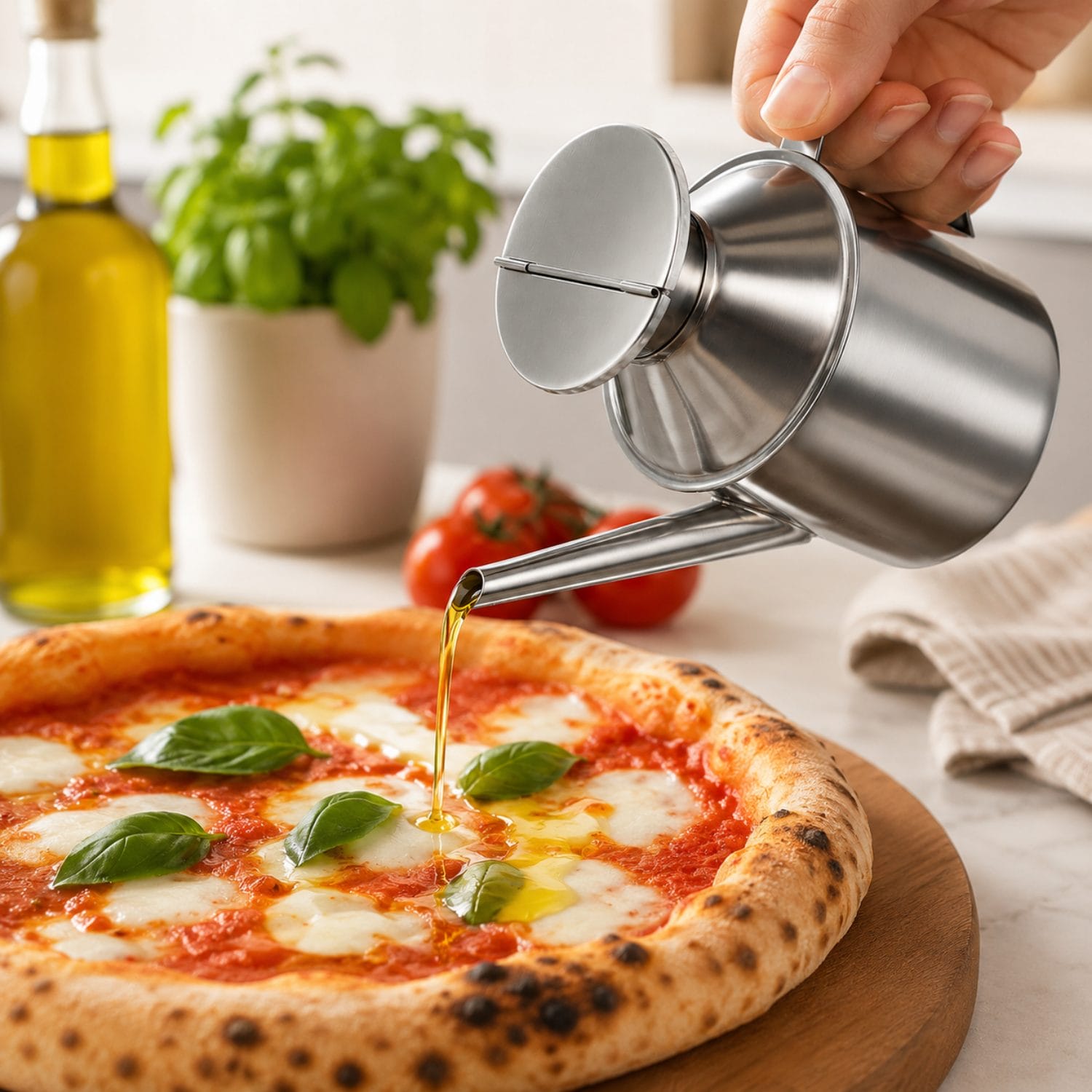 Oliera in acciaio inox 500 ml per condimenti Oliera in acciaio inox 500 ml usata per versare olio su pizza margherita
