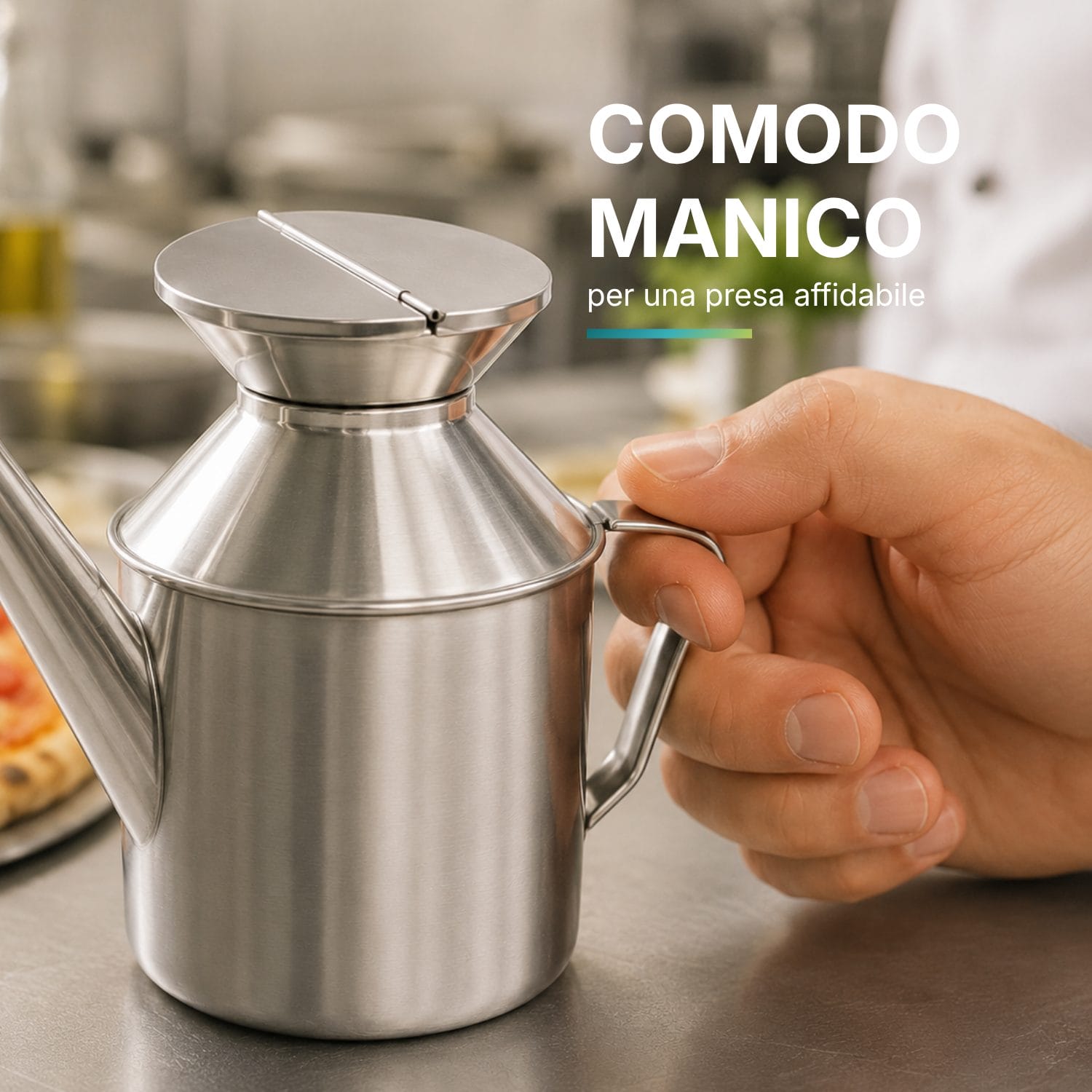 Oliera in acciaio inox con manico comodo Oliera in acciaio inox 500 ml con manico curvo e beccuccio sottile in cucina