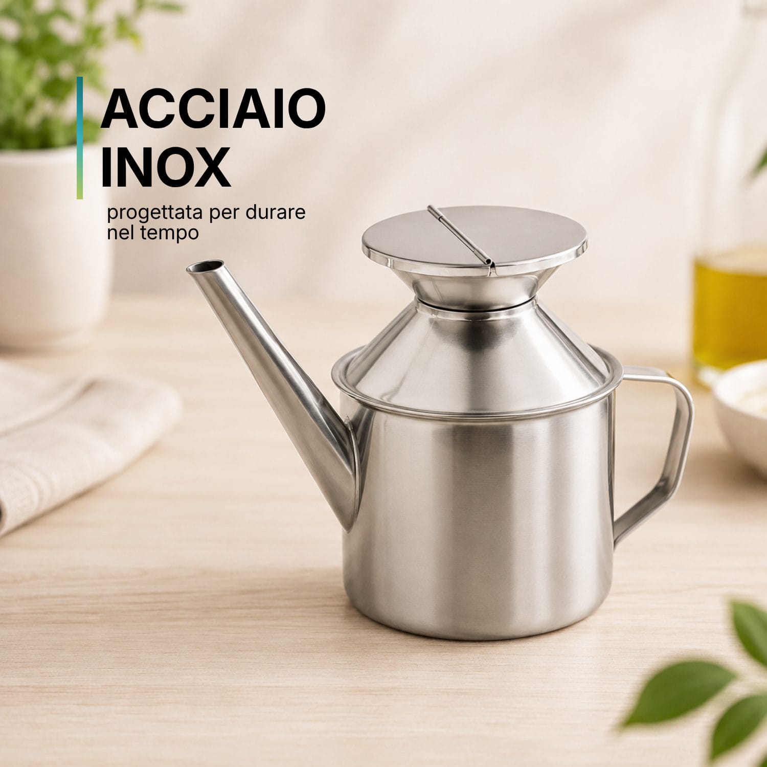 Oliera in acciaio inox 500 ml resistente Oliera in acciaio inox 500 ml con coperchio e beccuccio lungo su piano cucina